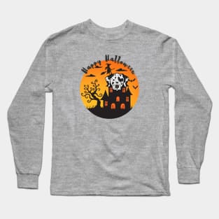 Dalmatian Dog Head with Haunted Mansion and Happy Halloween Sign Long Sleeve T-Shirt